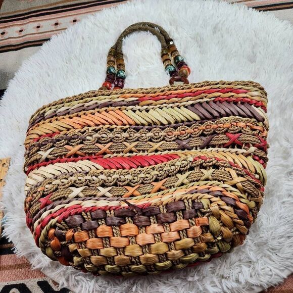 Blue Miami Straw Bag Beaded Handle Boho - Picture 9 of 10